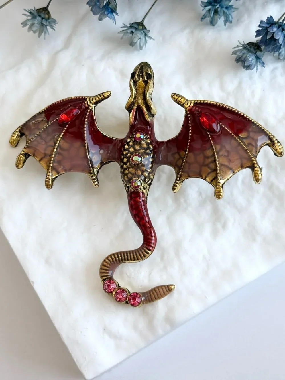 Flying Dragon Figural Red Winged Enameled Rhinestone Ornate Textured Brooch Pin